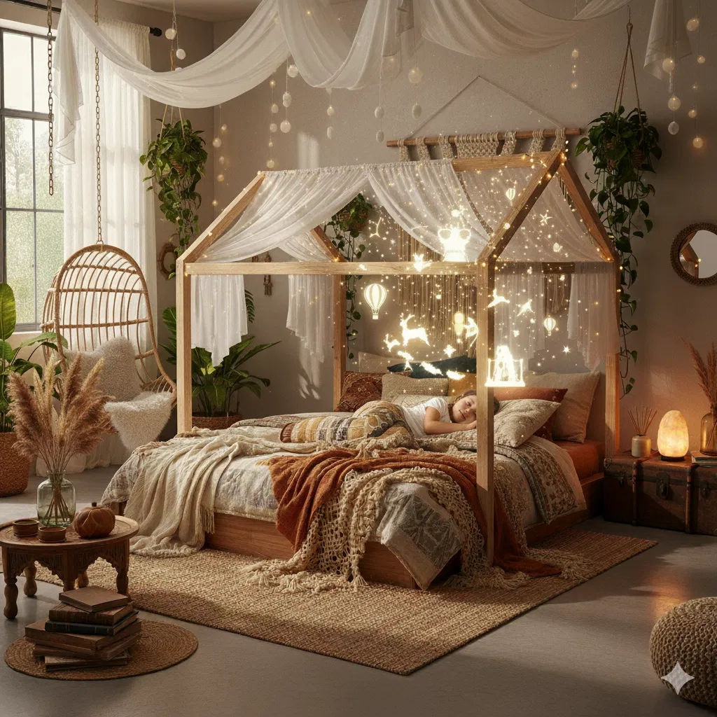 Modèle pour une chambre style bohème avec un lit cabane en bois
